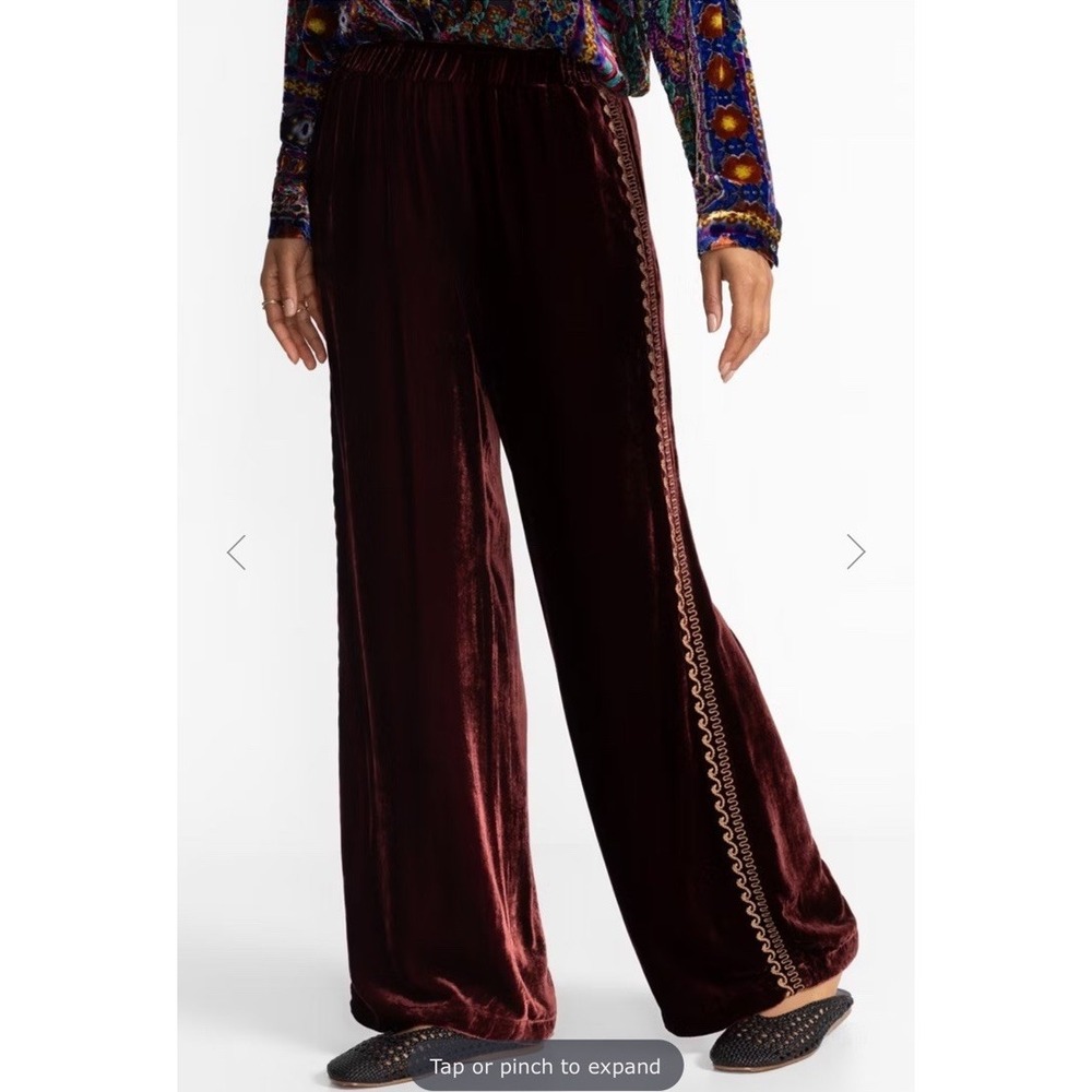 New Johnny‎ Was Pants Women's L Shirt Wide Leg Velvet Burgundy Pants Silk Blend